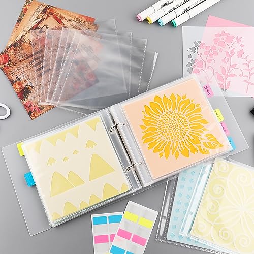 Image of BAOFALI 100 Pags 6 inch X6 inch Clear Plastic Binder Pockets,2 Holes 2 Pockets Per Page, can Fit More Stencils,Made Exclusively for Stencils,Die Cuts,Photos,Stamps Within Size 6x6 Storage Bills Organizer