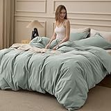 Bedsure 100% Washed Cotton Duvet Cover Queen Size - Sage Green Minimalist Bedding Set Linen Like - PureWoven Plain Simple & Soft Comforter Cover for All Seasons (Sage Green, Queen, 90'x90')