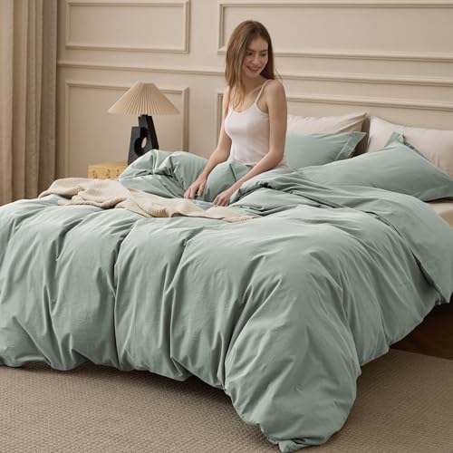 Bedsure 100% Washed Cotton Duvet Cover Queen Size - Sage Green Minimalist Bedding Set Linen Like - PureWoven Plain Simple & Soft Comforter Cover for All Seasons (Sage Green, Queen, 90"x90")