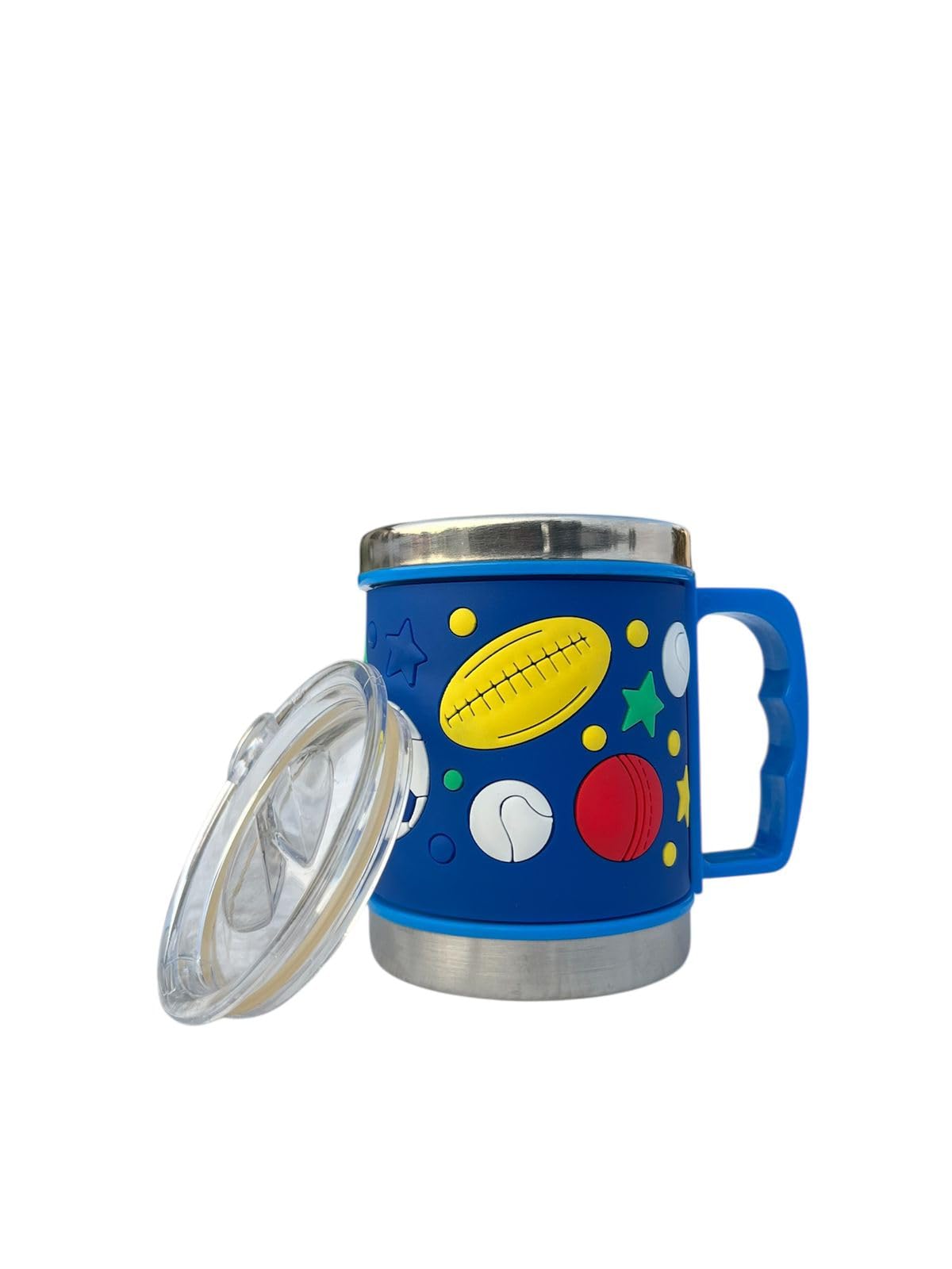 ME ME MART Happy Kids Steel Mug Dinosaur, Children Stainless Steel Cup, Kids Milk Mug with Handle, Toddler Drinking Mug, Kids Sipper Cup Steel, Cartoon Mug for Kids (Blue Football)-image-31