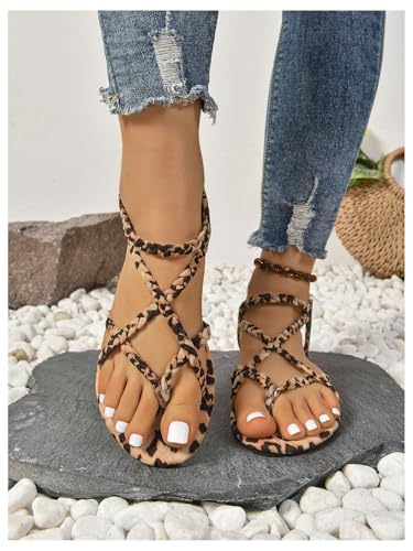 GORGLITTER Women's Leopard Strappy Flats Sandals Cheetah Open Toe Thong Sandals Summer Dressy Slide Flip Flop2