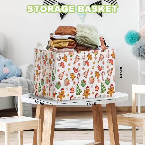 Image of Cute Christmas Gingerbread Storage Baskets, Candy & Christmas Tree Empty Gift Baskets, Winter Large Square Waterproof Canvas Laundry Hamper With PE Coating, Foldable Toy & Clothes Bins for Bedroom