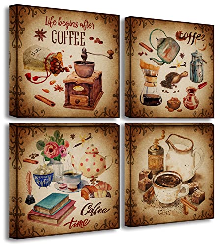 BLINFEIRU Kitchen Wall Art Coffee Decor Canvas Prints Vintage Brown Pictures for Coffee Bar Wall Decor 4 Panel Modern Artwork for Dining Room Cafe Restaurant Decorations Framed 12' Wx12 Hx4