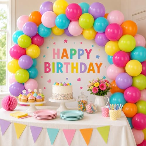 Image of Colorful Balloons, 60Pcs Rainbow Balloon, 12 Inch Latex Multicolor Balloons Bright Color Yellow Orange Hot Pink Teal Blue Green for Kids Birthday Baby Shower Summer Pool Hawaii Theme Party Decoration