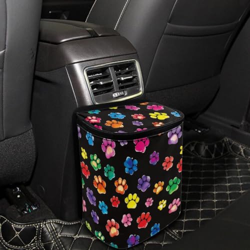 Image of Rainbow Dog Paw Print Car Trash Can Automotive Car Trash Bag with Lid Collapsible Waterproof Car Organizers and Storage Car Accessories for Women