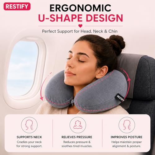 Image of Restify Premium Memory Foam Travel Neck Pillow | Soft Velvet U Shape Neck Support Cushion for Flight, Airplane, Car & Office Travel | Portable Pillow for Men & Women | Grey