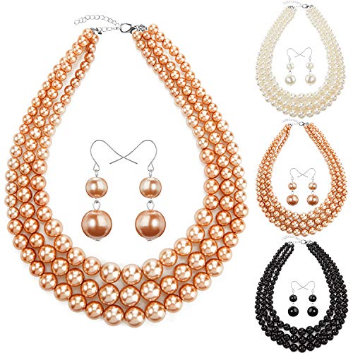 Hicarer Women Multi-Strand Pearl Necklace 18.4 Inch Simulated Faux Pearls Necklace and Earrings, Set of 9, Brown, Black, Brown