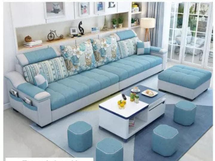 Woodsfreak Luxurious Soft Fabric 4 Seater Sofa Set with Chaise for Living Room, Dining Room & Hall - Centre Table Not Included (Sky Blue)-image-29