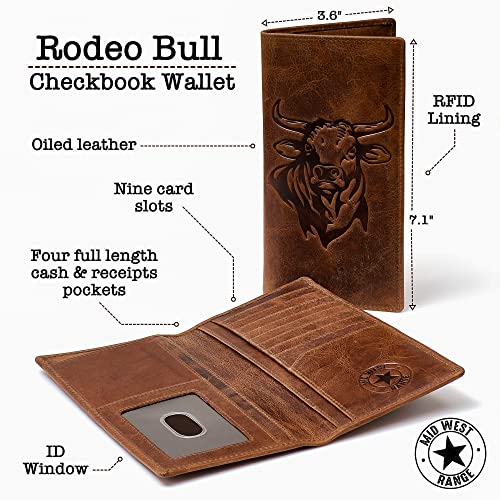 Rodeo Bull Western Wallet for Men. Full Grain Leather Checkbook Wallet. RFID Blocking Rodeo Bull Long Wallet for Men. Gift Wallet for Cowboys2