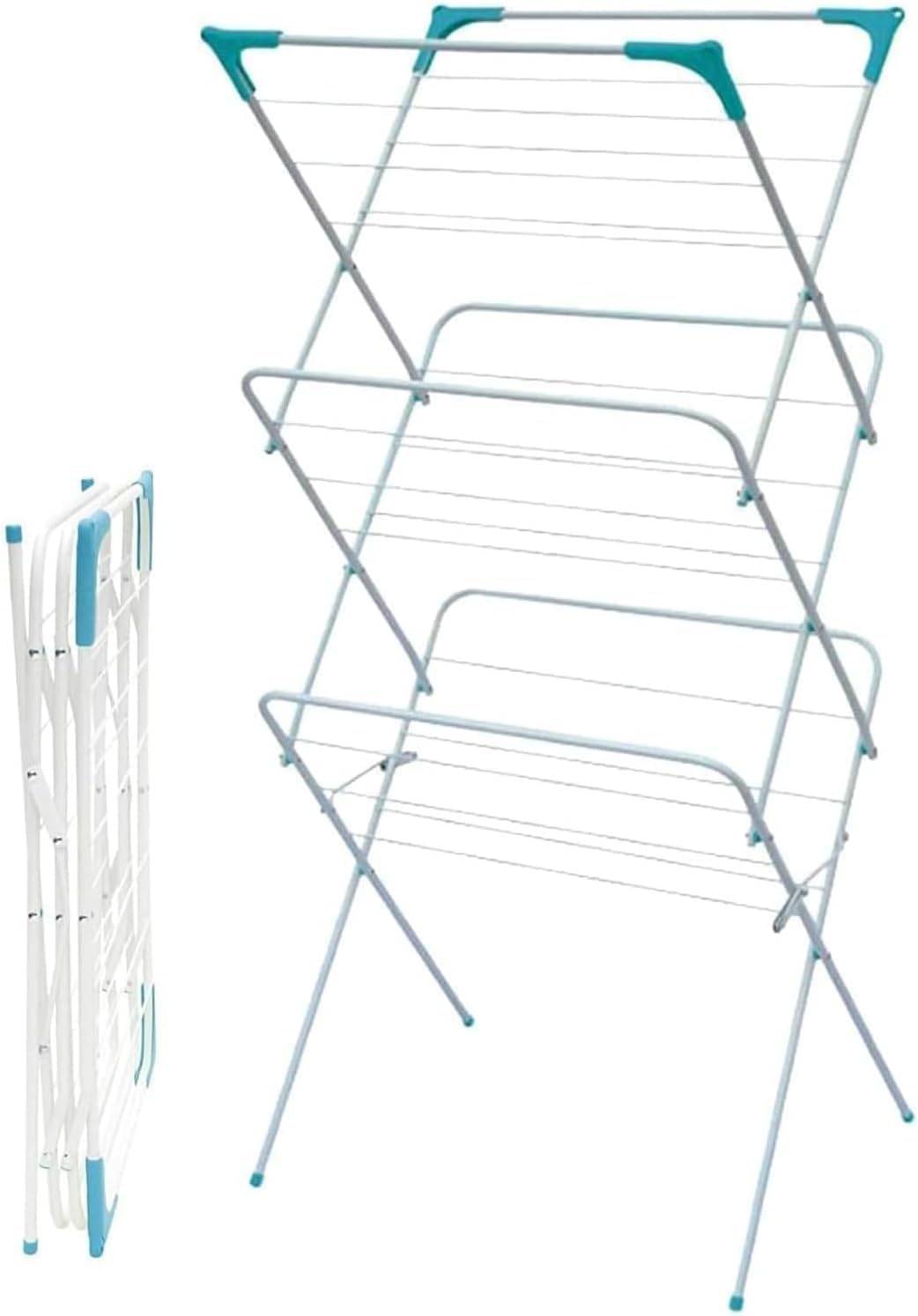 3 Tier Folding Alloy Steel Clothes Drying Rack - Indoor & Outdoor | Non-slip Feet & Folding | Laundry Airer Horse Towel, Foldable, Lightweight, Space Saving Washing Line Cloth Dryer - Airers