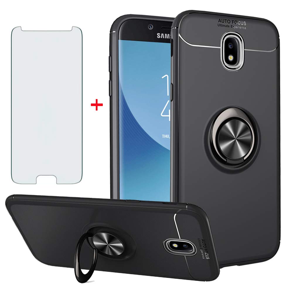 Phone Case for Samsung Galaxy J5 2017 with Tempered Glass Screen Protector Saver Cover Accessories Magnetic Stand Ring Holder Slim Bumper Shockproof Glaxay J5 DUOS/J5 Pro (2017) SM-J530F Girls Black
