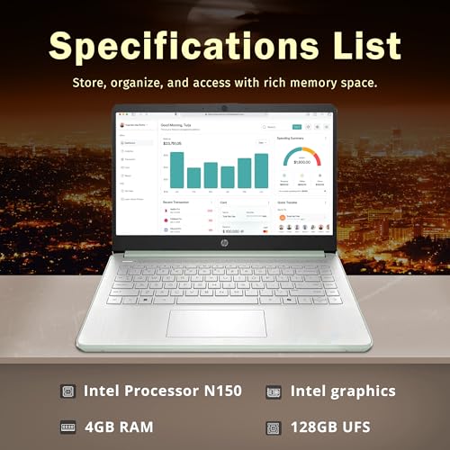 Image of HP Stream 14 inch HD Laptop, Intel Processor N150, 4GB RAM, 128GB UFS, Intel Graphics, Copilot, Fast Charge, Wi-Fi 6, Windows 11 S, Green (Renewed)