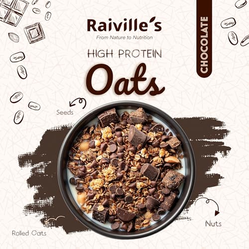 Image of Raiville's High Protein Chocolate Oats 1 Kg | 25g Protein Per Serving | Oats with Whey, Soy Protein, Dry Fruits, Nuts & Seeds | Healthy Breakfast Cereal for Gym, Fitness & Daily Nutrition