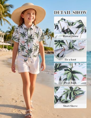 Image of Noomelfish Girls Tie Front Hawaiian Shirt Summer Floral Tropic Short Sleeve Button Down Tops (5-14 Years)