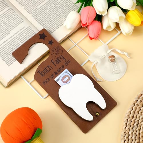 Image of DoubleFill Fairy Tooth Gift Holder Bag Door Hanger Lost Teeth Keepsake Box Tooth Fairy Kit Stores Back to School Gift for Lost Teeth Boy Girl Primary School Classroom Gifts(Classic,White)