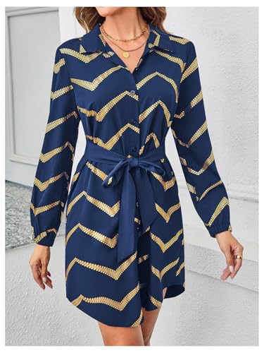 Image of SweatyRocks Women's Metallic Gold Long Sleeve Dresses Collar Shirtdress Casino Night Party Outfit
