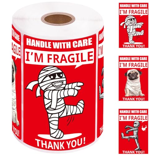 1step2dream 4x6インチ 大型 おもしろい 壊れやすいステッカー 配送&引っ越し用 ? 100枚 マミー&犬デザイン 永久接着剤 梱包箱用ケアラベル付きハンドル ガラス&デリケートなアイテム用