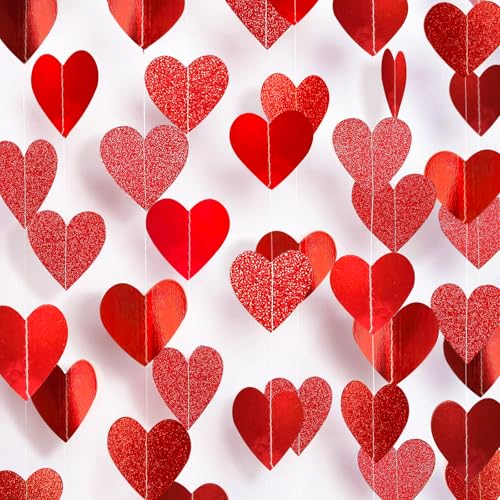 Image of Red Heart Garland Valentines Day Party Decoration Love Streamer -39Ft Glitter Bunting Banner for Wedding Engagement Anniversary Mother's Day Bridal Shower Party Supplies