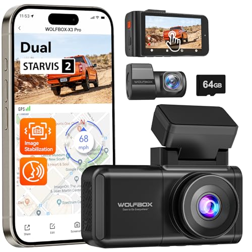 Image of WOLFBOX X3 PRO Dash Cam Front and Rear, Dual STARVIS 2 IMX675, 1440P 60FPS+1440P ADAS Car Camera, EIS Image Stabilization with Ultra-Fast 5.8GHz WiFi, Voice Control & 3 inch Touch Screen, 64GB Card & GPS