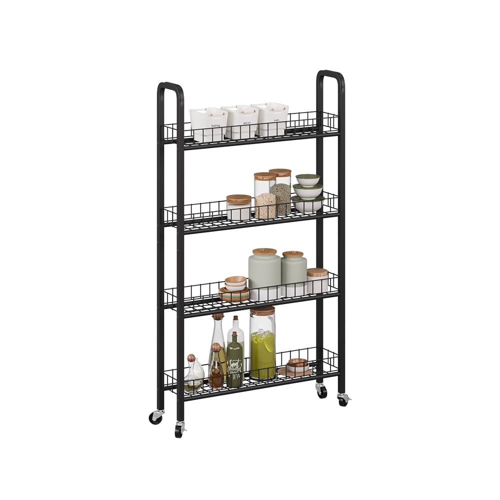 Vicco Rollregal Rolivo, Schwarz, 58 x 15 cm mit 4 Fächern, auf Rollen flexibel positionierbar für schmale Stellflächen