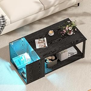 Small LED Coffee Tables for Living Room Center Coffee Table with Storage Tempered Glass Top 35.4 inch Modern Farmhouse Style, Easy Assemble, Black