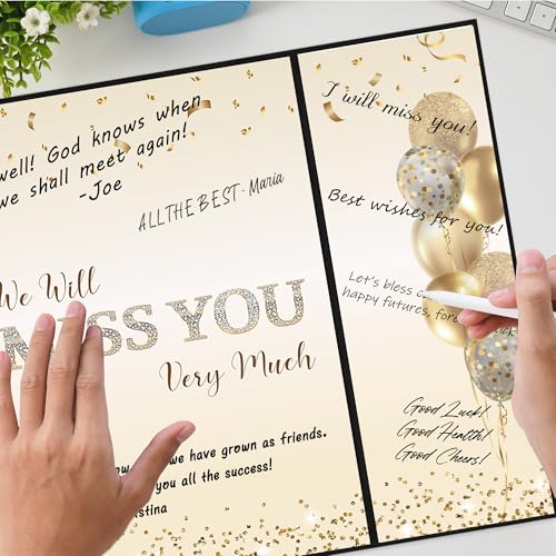 Image of DARUNAXY Black Gold Farewell Party Decorations, We Will Miss You Very Much Alternative Signature Guest Book for Men Women Going Away Gifts Signing Card Board for Retirement Graduation Party Supplies