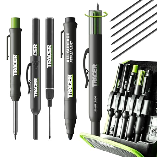 Tracer 5-teiliges Konstruktionsmarker-Set mit Aufbewahrungskoffer – Zimmermannsbleistift, 2 x Marker mit langer Spitze, verstopfungsfreier Marker und Ersatzminenspender
