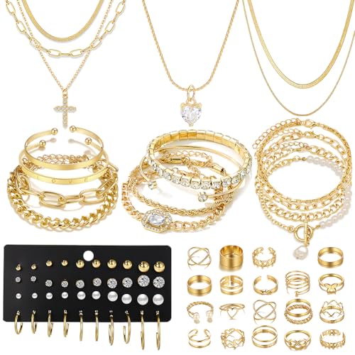 57pcs Gold Jewelry Set With 3 PCS Necklace, 12 PCS Bracelet,20pcs Hoop Stud Earrings,22pcs rings set For Women For Birthday Gifts