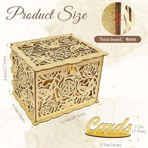 Image of Glittery Gold Wedding Card Box with Lock, Wooden Gift Card Box for Wedding Reception, Elegant Wedding Money Envelope Card Box Holder for Party Graduation Birthday Baby Shower Decorations
