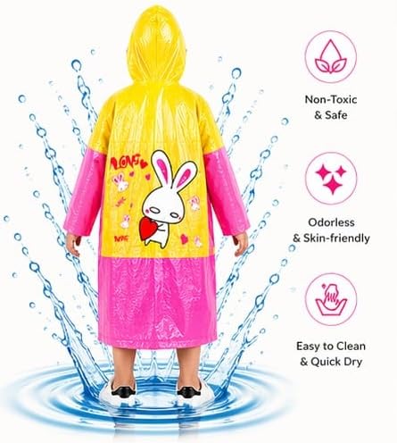 Image of CubsDen Kids Waterproof Raincoat for Boys & Girls | Full-Length Hooded Rain Coat | Lightweight Durable School Rainwear | Bright Color Outdoor Rain Jacket for Children