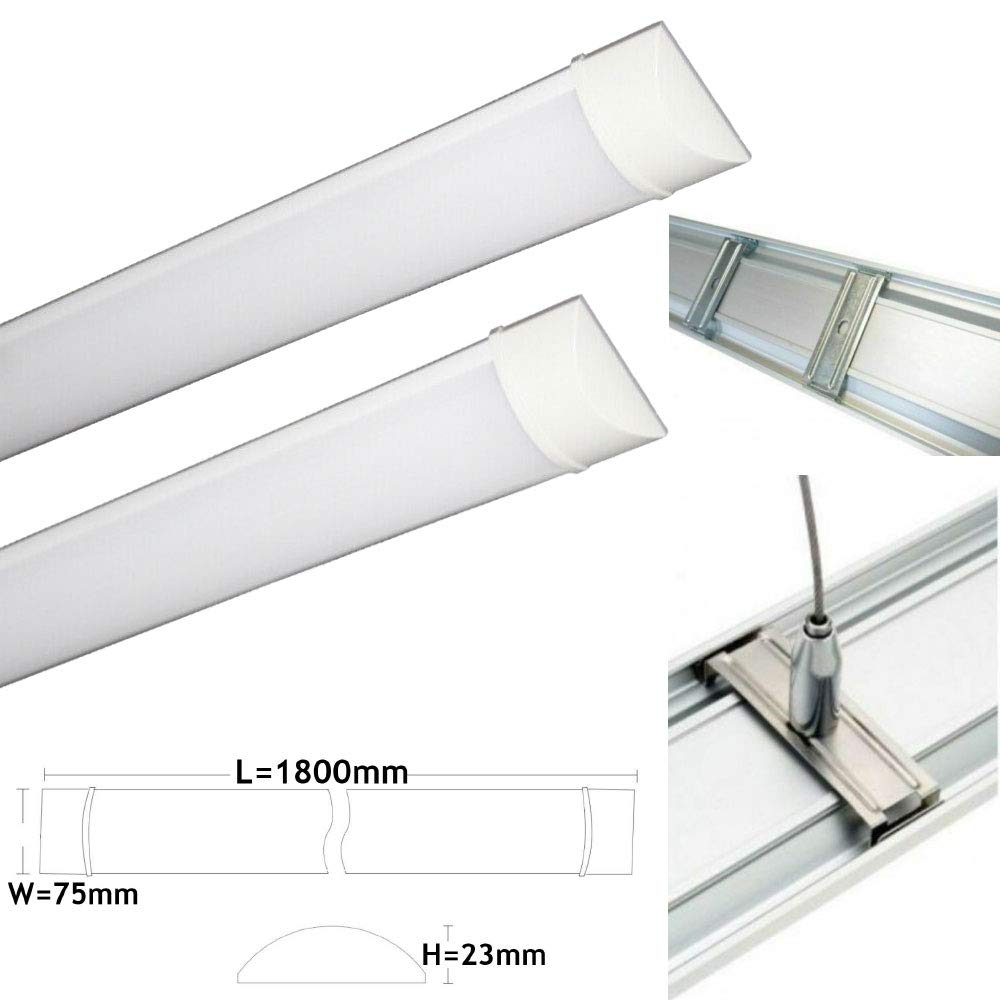 LED Batten Tube Light Ceiling Surface Mounted Super Ultra Bright 6500K Daylight White Linear Slimline Bar Hotel Warehouse Factory Garage Workshop Parking Lighting (1x 6FT Batten)