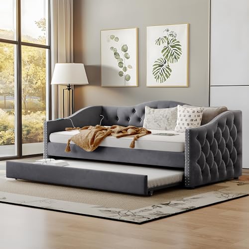 UQGVML Twin Size Daybed with Trundle, Upholstered Daybed with 2 USB Ports, Sturdy Wood Frame, Day Bed for Bedroom, No Box Spring Needed (Minimalist, Twin)