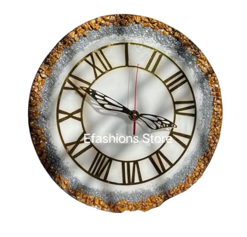 Image of Handmade Resin Wall Clock with Roman Numerals - Luxury Marble Effect Designer Wall Clock with Gold Finish, Silent Quartz Movement, Modern Home & Office Decor (White Sand)