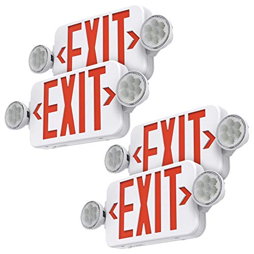 Image of Red Led Exit Sign Emergency Light Combo Adjustable Two Head, Double Sided and Battery Backup Exit Light, Contractor Select, AC 120 /277V (4 Pack)