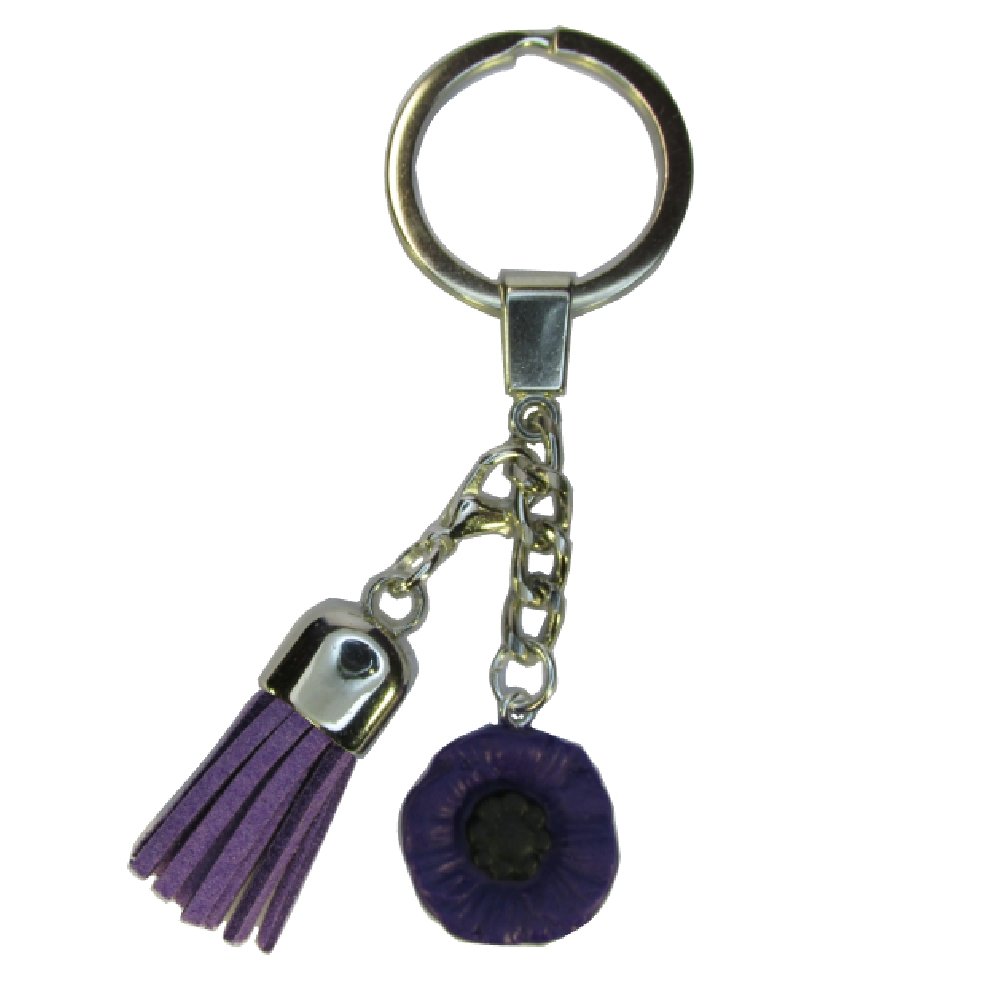 Handmade Purple Poppy Flower Keyring With Detachable Purple Faux Suede Tassel