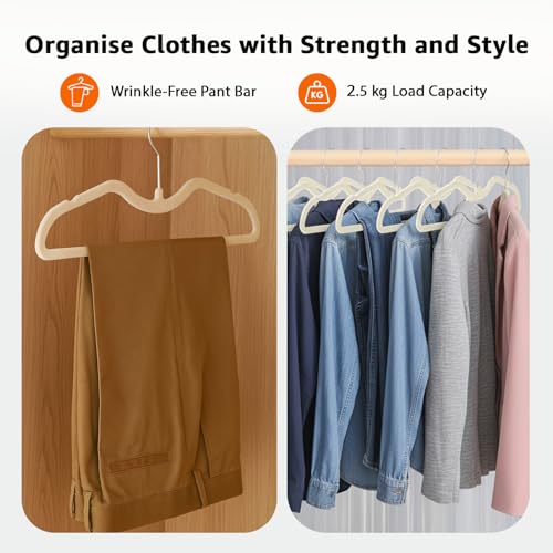 Image of Amazon Basics Velvet Hangers - Cream Color with Notches, Lightweight Plastic Frame, Soft Touch Coating, 2.5 kg Capacity, Pack of 50 (Size: 42L x 15H x 0.5W cm)