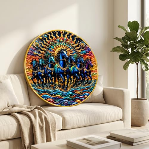 Image of SAF 7 Horse Vastu Round Wall Painting with Premium PVC Golden Frame, Colorful Blue Running Horses Sun Ocean Art for Living Room Office Home Decor Gift (23 x 23 Inch) GR-459