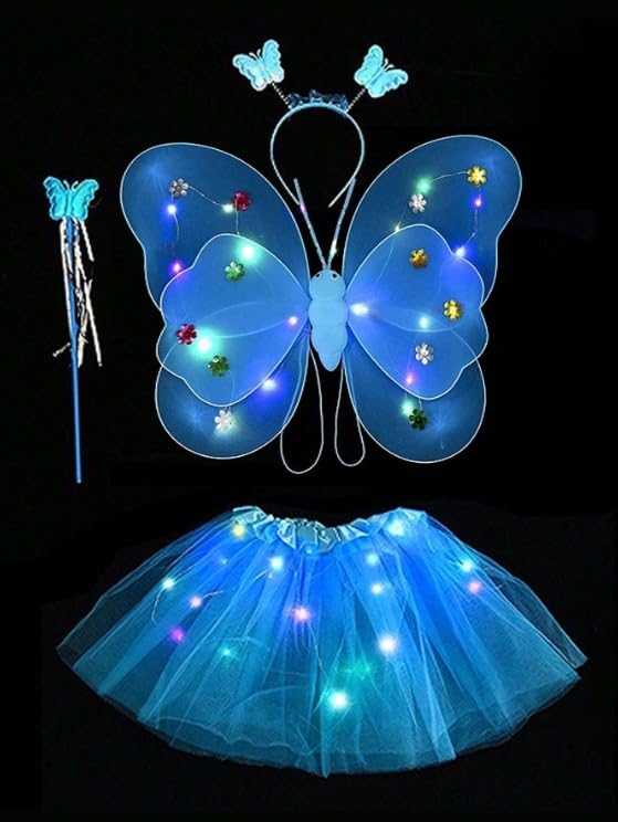 Disfarce LED para meninos e meninas, saia, asas luminosas de anjo, fada, princesa, saia de borboleta com bandana, fato de luzes, carnaval, infantil, 30 comprimento x 20 largura (esticada 46 cm) azul
