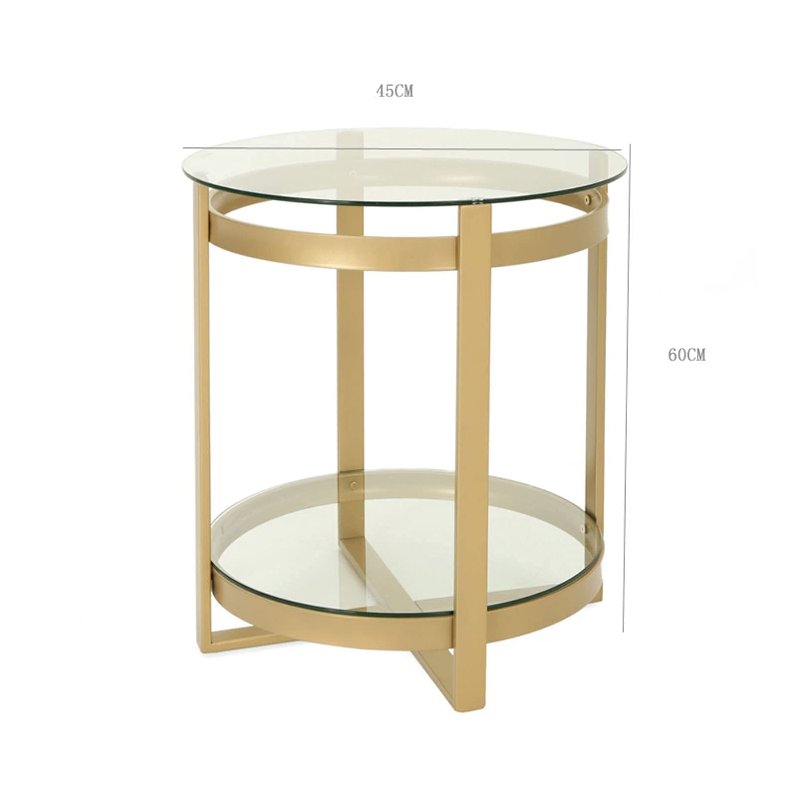 Runde Glas-Beistelltische, Wohnzimmer-Ausstellungstisch, Akzent-Couchtisch, stabiler Metall-Beistelltisch mit Goldrahmen und 2-stufiger Marmorplatte, Gold, 45 * 45 * 60 cm, aus China Comfortable