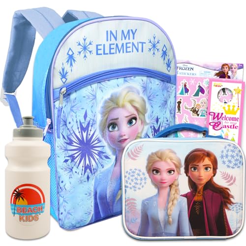 Conjunto de mochila e lancheira Disney Frozen – Pacote de materiais escolares da Disney com mochila Elsa e lancheira isolada, além de garrafa de água, chaveiro, adesivos e mais (mochila Frozen para crianças)