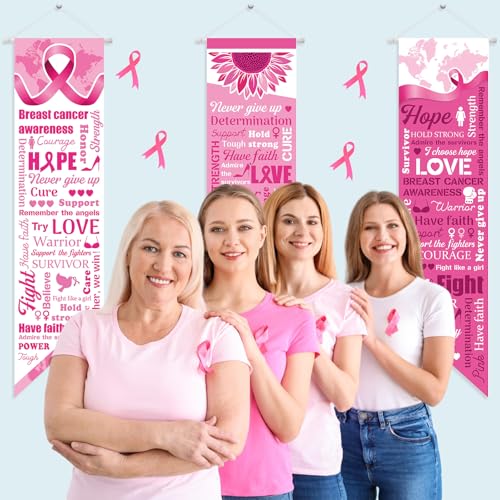 Image of Chiisong 3 Pieces Breast Cancer Awareness Decorations Pink Ribbon Banners Porch Signs Awareness Ribbon Hanging Backdrops for Indoor Outdoor Breast Cancer Party Decor Supplies