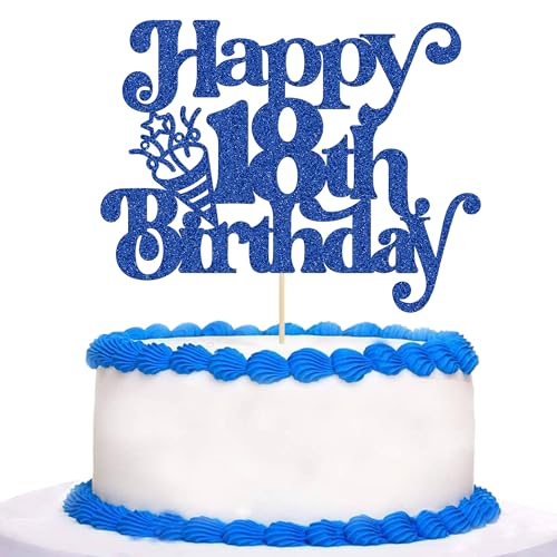 Gyufise 1Pc Happy 18th Birthday Cake Topper Glitter Happy Birthday Cake Pick Cheers to 18 Years for 18th Anniversary Wedding Party Cupcake Decorations Supplies Blue