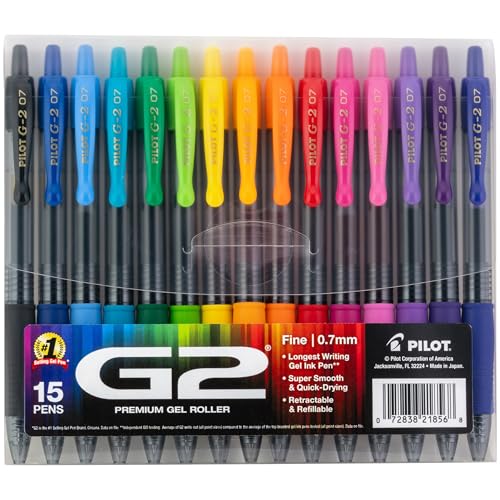 PILOT, G2 Premium Gel Roller Pens, G2 Rainbow Colors Pack, 15 Pack Pouch, Fine Point 0.7 mm, Assorted