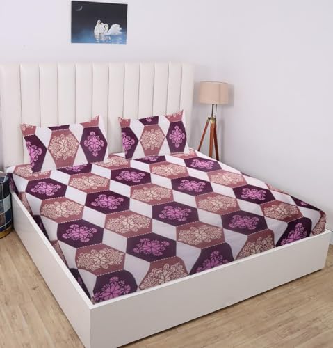 Image of RD TREND 360 Fitted Bedsheets Double Size 72x60x8 Inch, Solid Elastic Bedsheets for Queen Size Bed with 2 Pillow Covers-18x28 Inch (Purple), 210 TC