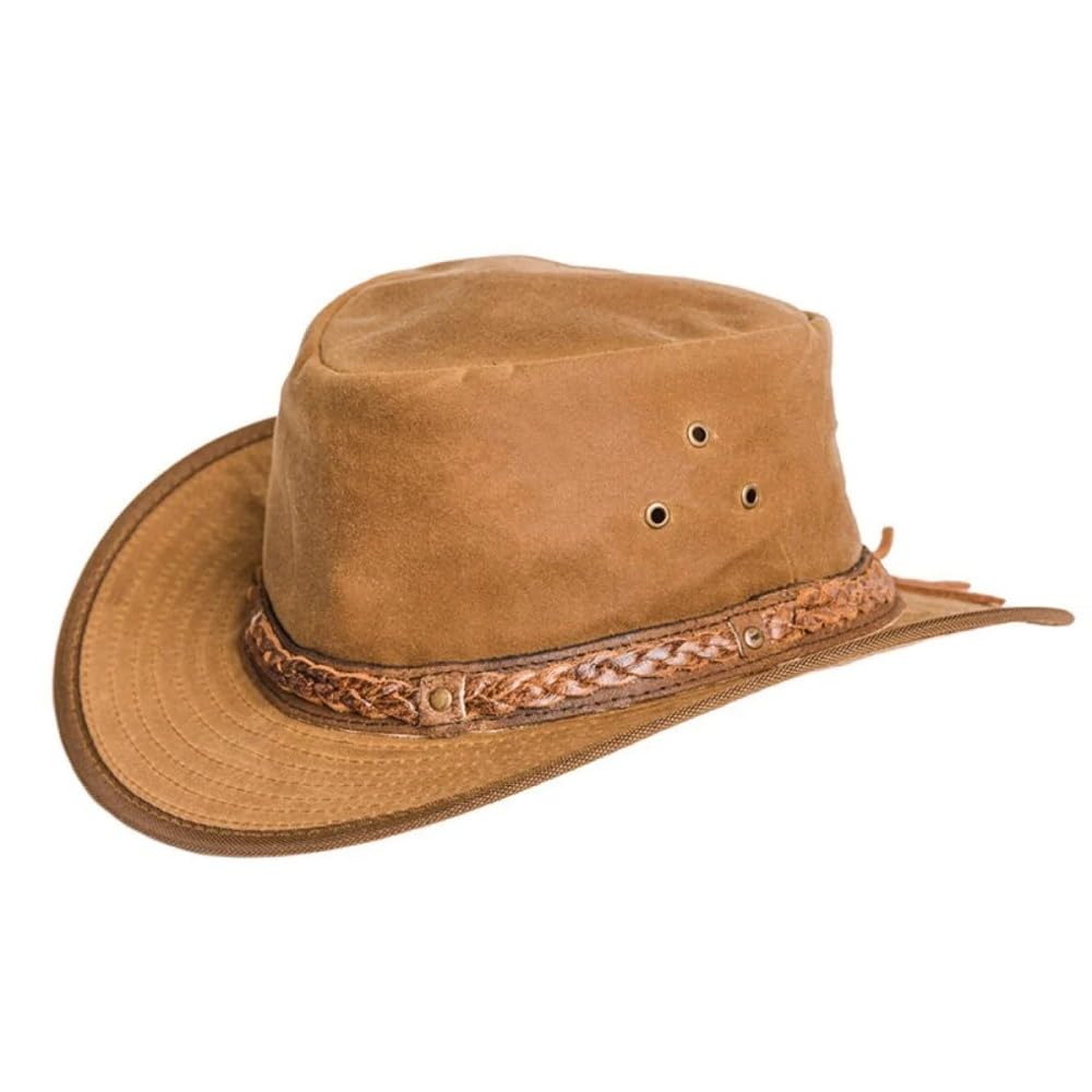 The Hat Company Oil Skin Wax Cotton Fedora with Braided Leather Trim (UK, Numeric, 7 1/8, Tan)