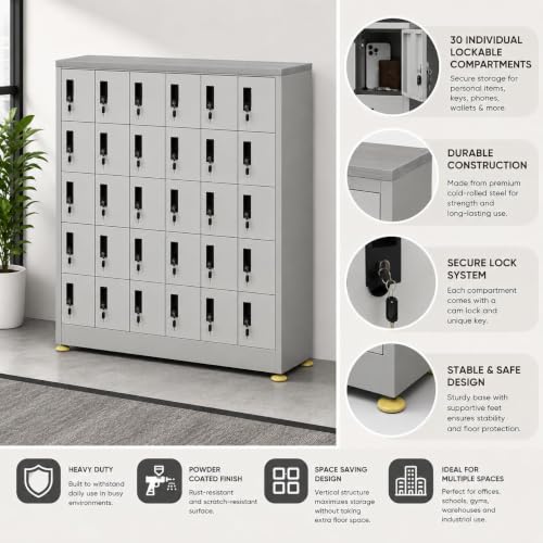 Image of Amazon Brand - Solimo 30-Door Mobile Locker Cabinet Lockable Heavy-Duty Steel Cabinet Compartments for Phones Wallets & Valuables Ideal for Office, School, Gym, Warehouse (Grey)