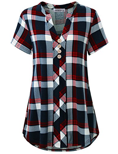 MOQIVGI Plaid Shirts for Women, Ladies Short Sleeve Tops V-Neck Checkered Casual Loose Fitting Button Decor Pleated Curved Hem Blouse Spring Summer Fashion Clothes 2019 Blue Red Medium