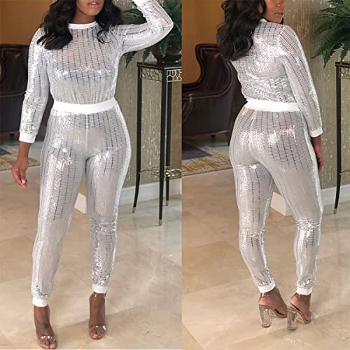 Womens Tracksuits Set Sweatsuits Shiny Round Neck Pullover And Bodycon Sweatpants Jumpsuits #TOP2