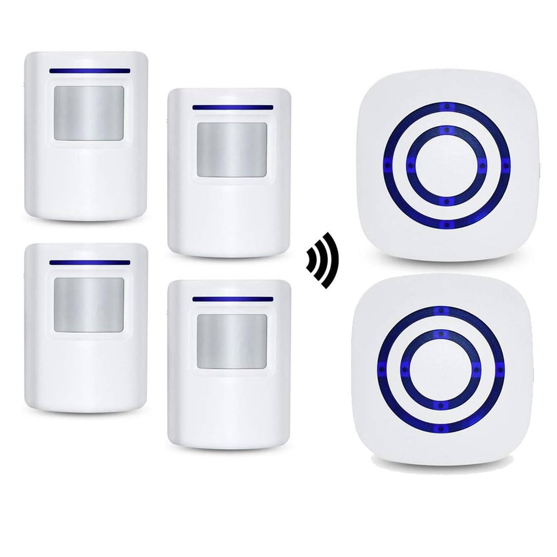 Funkalarmanlage mit Bewegungsmelder, SiegenPro Durchgangsmelder Alarm Zutrittsklingel Set mit PIR Sensor Detektor und Plug in Empfänger für Büro, Laden, Auffahrt oder Zu Hause (4 Sensoren 2 Empfänger)