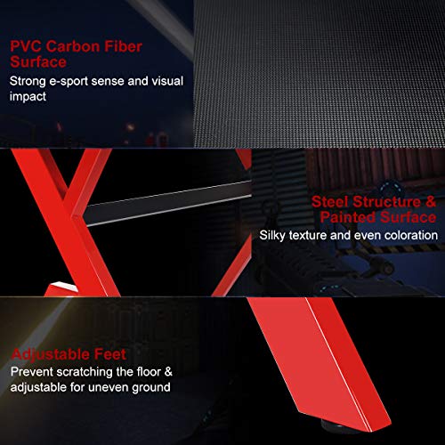 Tangkula Computer Desk Gaming Desk, Ergonomic Gamer Workstation With Cup & Headphone Holder Mouse Pad, Carbon Fiber Surface And R-Shape Steel Frame, Game Desk Gaming Workstation (Black & Red) #TOP6